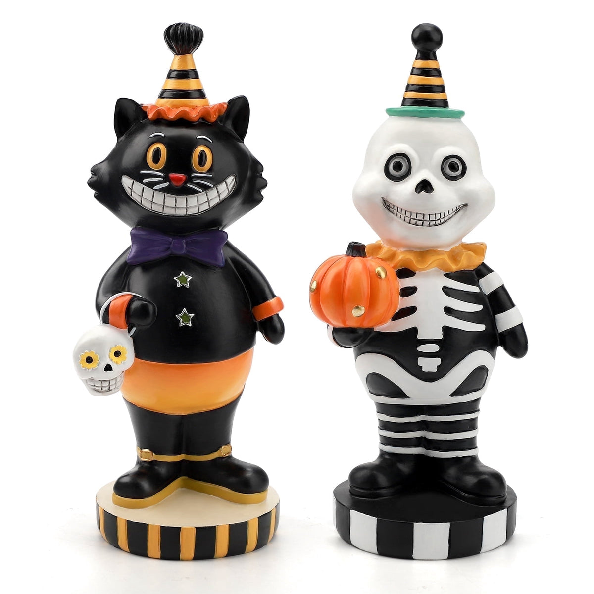 Ayieyill 2pcs Halloween Cat and Skeleton Figurines Vintage Halloween Black Cat Decor Halloween Table Decorations