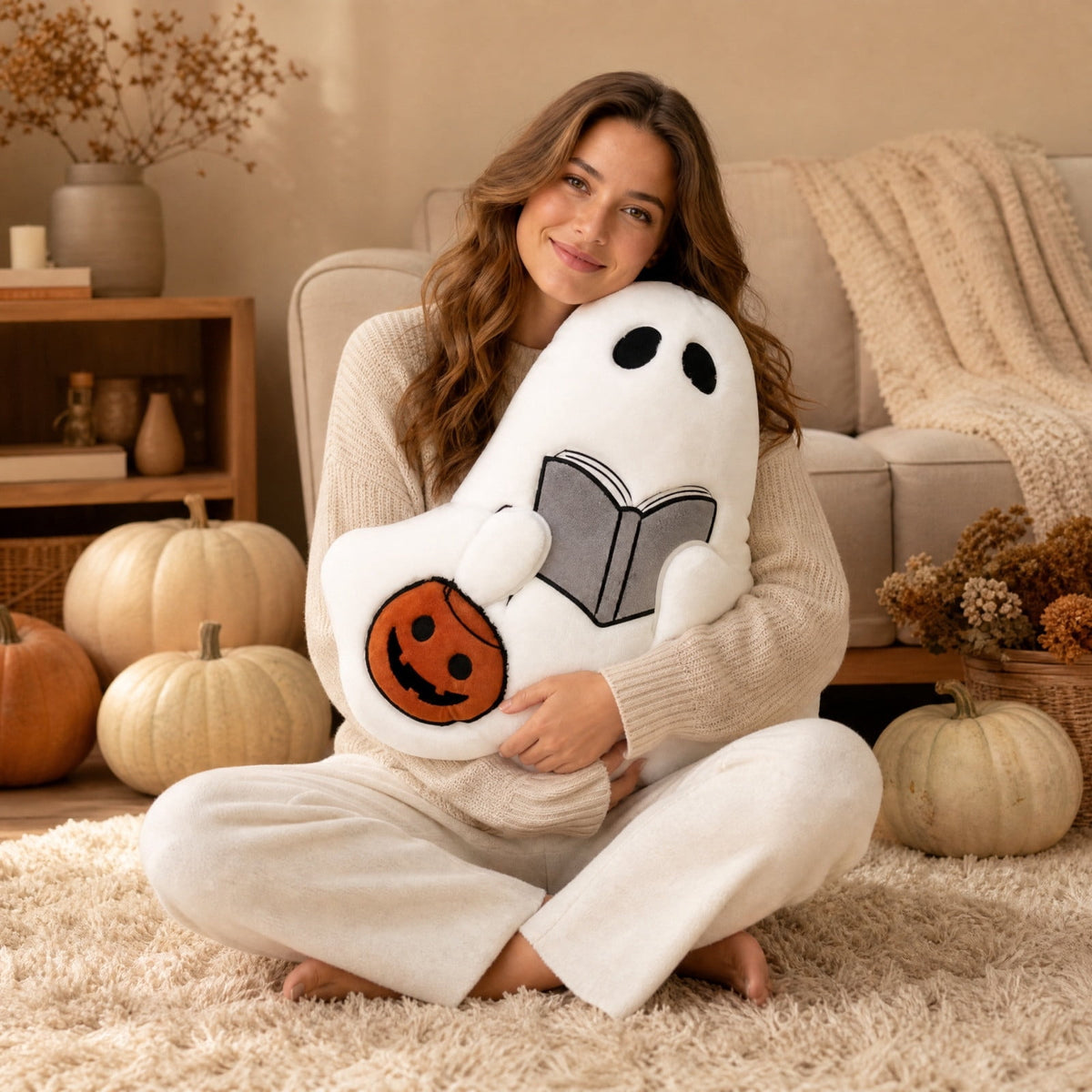 Horror Spacez Halloween Vintage Hanging Ghost Throw Pillow, Ghost in Witch Hat Riding Broom