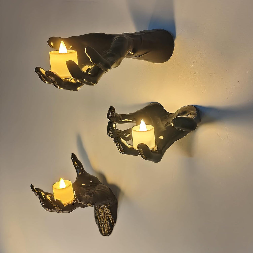 Dakimoe Halloween Decorations Indoor Outdoor Pack of 3 Wall Mounted Creepy Reaching Hands with Lighted Candles Life-Sized Horror Hands for Wall Decorations Gothic Hanging Wall Art Sculpture