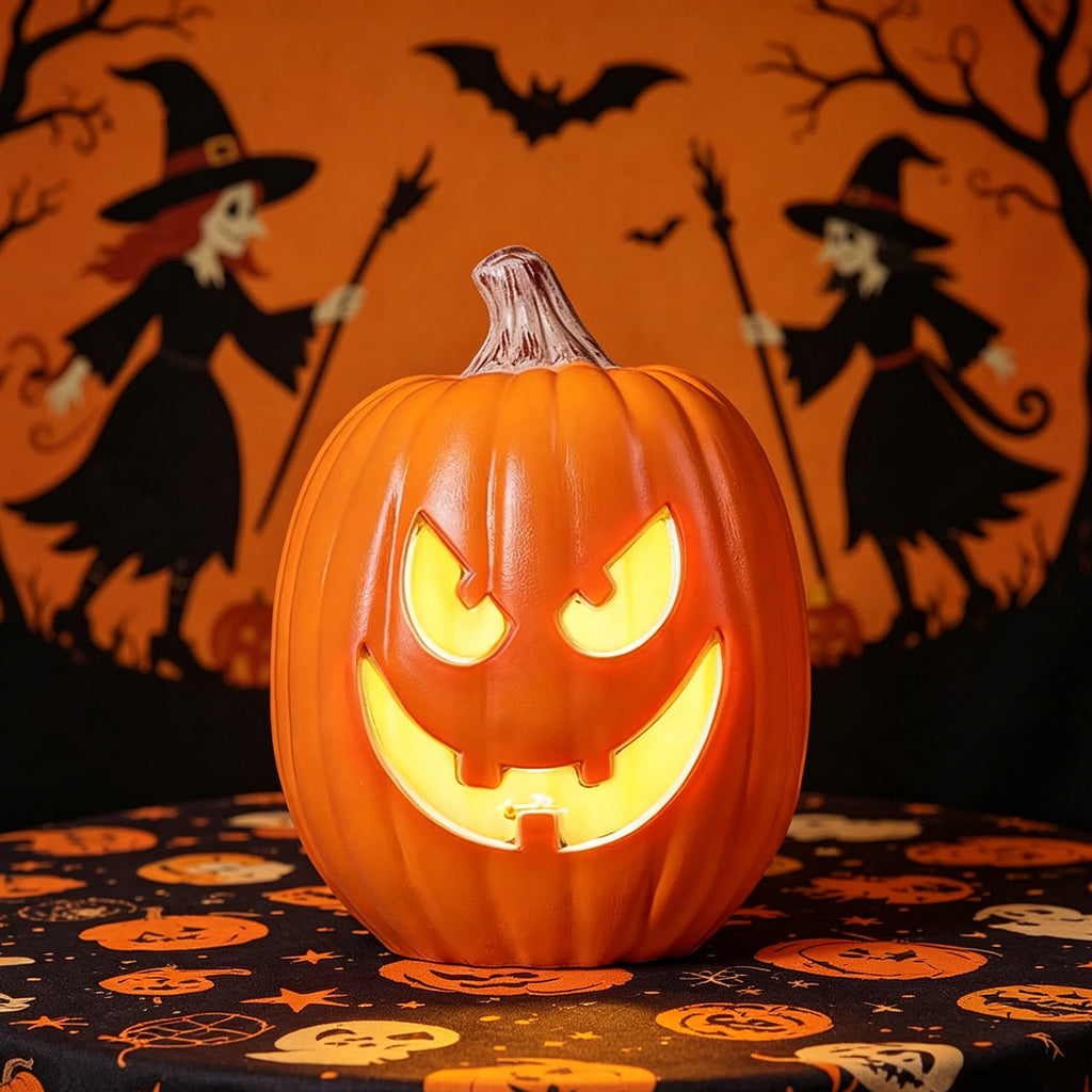 Horror Spacez Halloween Oblong Jack O Lantern Pumpkin, Evil Eye Jack O Lantern LED Light Fanged