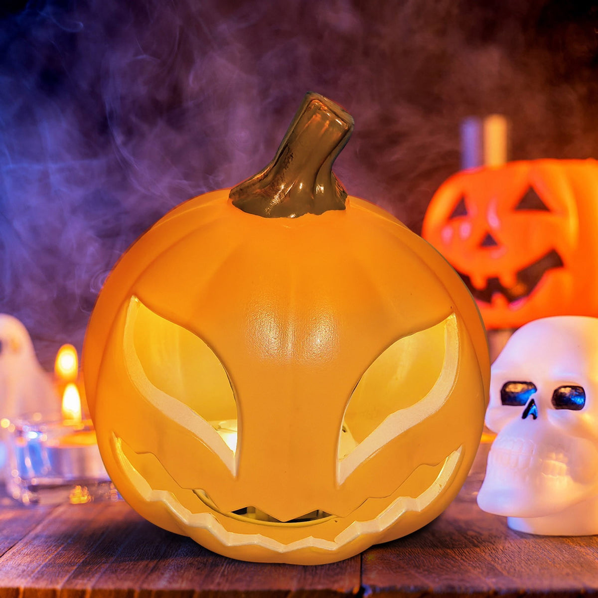Horror Spacez Halloween Oblong Jack O Lantern Pumpkin, Evil Eye Jack O Lantern LED Light Fanged