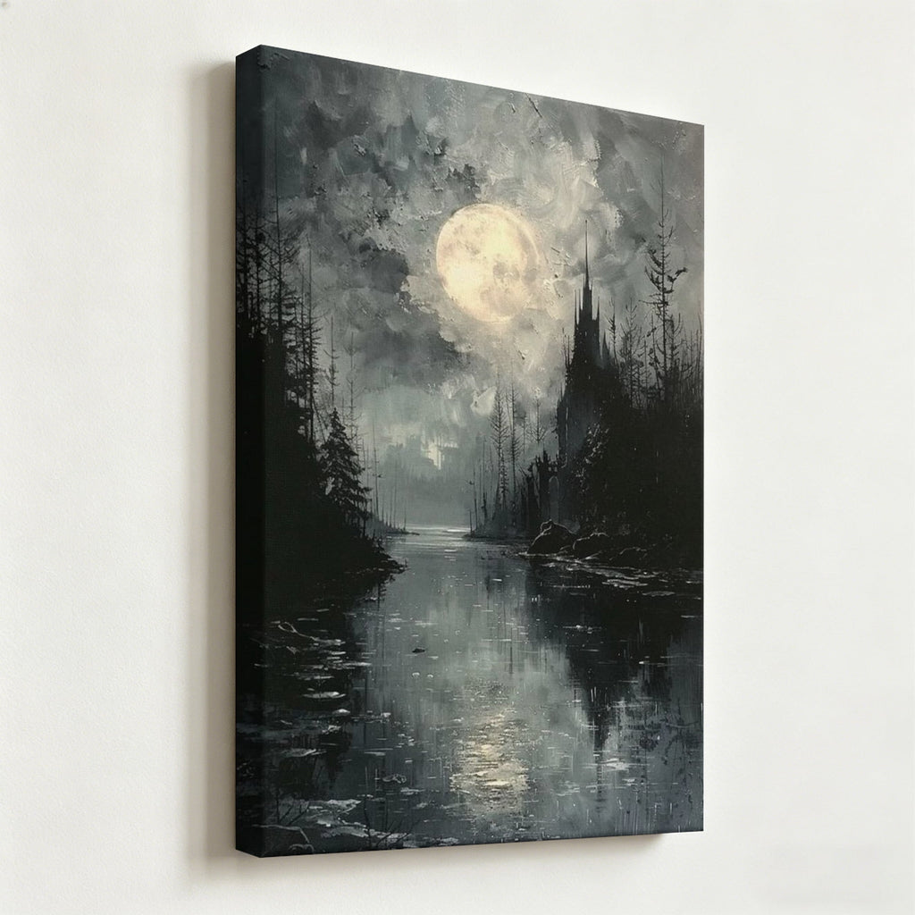 Gothic Full Moon Over Castle River Canvas Wall Art - Dark Fantasy Spooky Forest Oil Painting Print - Matte Finish Gallery Wrapped Haunted Landscape Decor Ready to Hang 16*24