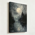 Gothic Full Moon Over Castle River Canvas Wall Art - Dark Fantasy Spooky Forest Oil Painting Print - Matte Finish Gallery Wrapped Haunted Landscape Decor Ready to Hang 16*24