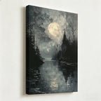 Gothic Full Moon Over Castle River Canvas Wall Art - Dark Fantasy Spooky Forest Oil Painting Print - Matte Finish Gallery Wrapped Haunted Landscape Decor Ready to Hang 16*24
