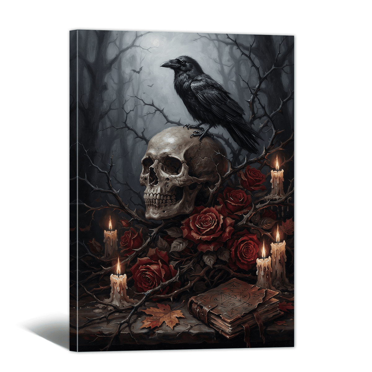 Gothic Halloween Canvas Wall Art with Crow Skull and Rose Picture Print, Spooky Atmosphere Dark Academia Vintage Painting for Living Room Bedroom Home Office Decor