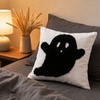 Horror Spacez Halloween Vintage Hanging Ghost Throw Pillow, Ghost in Witch Hat Riding Broom