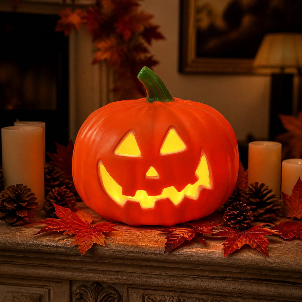 Horror Spacez Halloween Oblong Jack O Lantern Pumpkin, Evil Eye Jack O Lantern LED Light Fanged