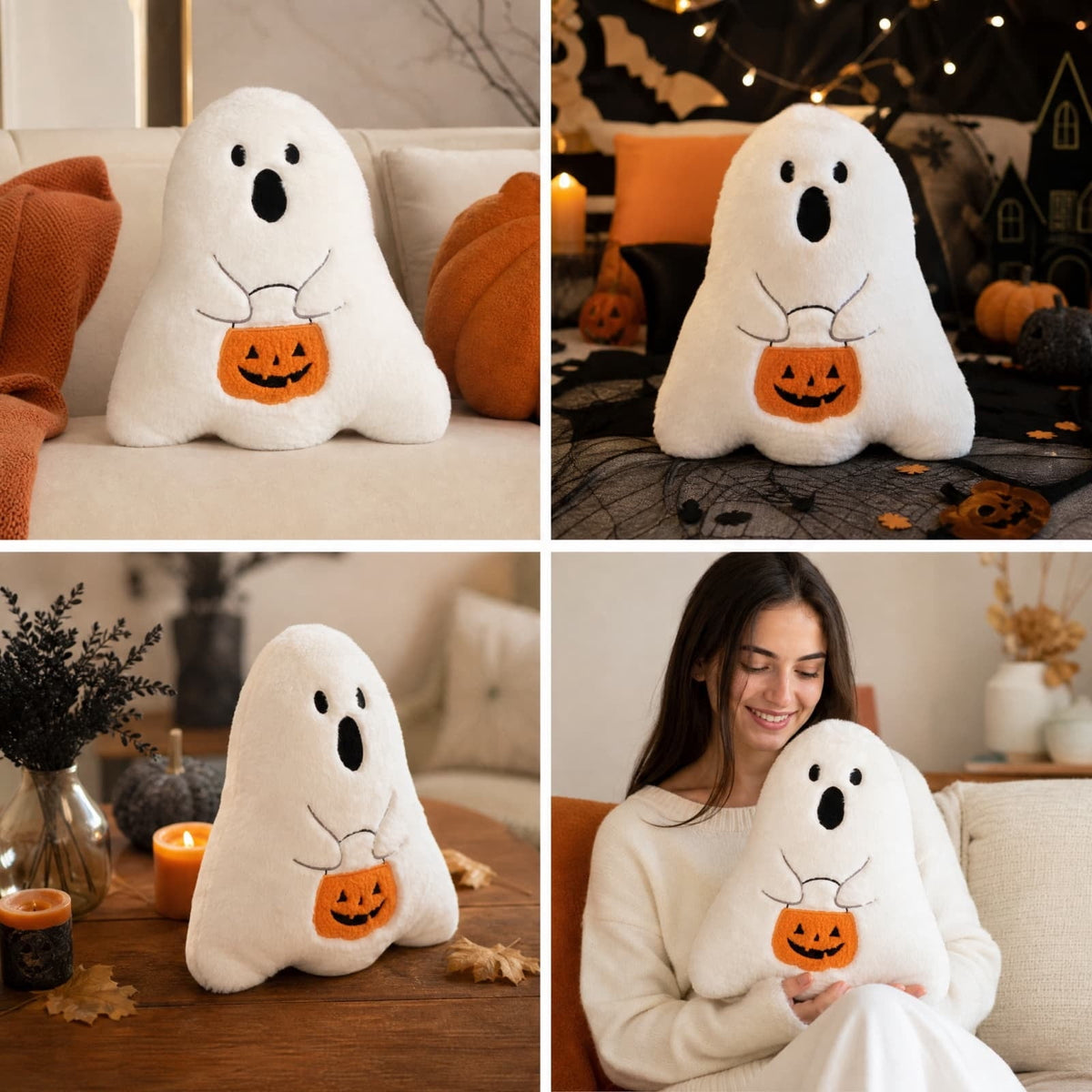 Horror Spacez Halloween Vintage Hanging Ghost Throw Pillow, Ghost in Witch Hat Riding Broom