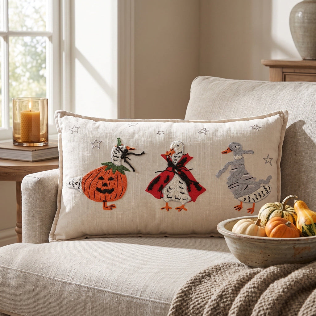 Horror Spacez Halloween Vintage Hanging Ghost Throw Pillow, Ghost in Witch Hat Riding Broom