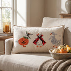Horror Spacez Halloween Vintage Hanging Ghost Throw Pillow, Ghost in Witch Hat Riding Broom
