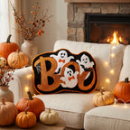 Horror Spacez Halloween Vintage Hanging Ghost Throw Pillow, Ghost in Witch Hat Riding Broom