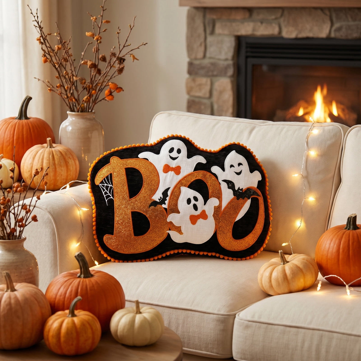 Horror Spacez Halloween Vintage Hanging Ghost Throw Pillow, Ghost in Witch Hat Riding Broom