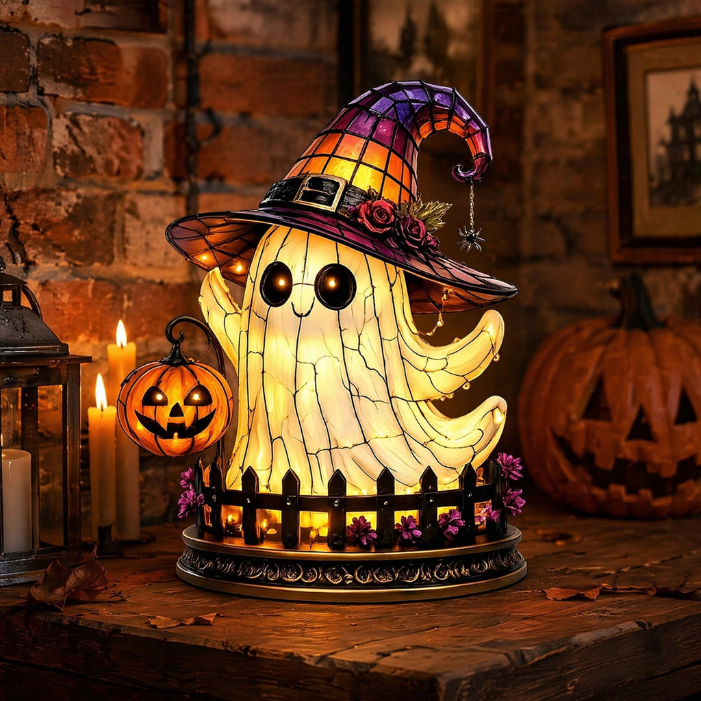 Halloween Gothic Witch Hat Night Light, Ghost Pumpkin Figurine Stained Glass Style Decorative Lamp