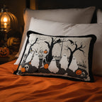 Horror Spacez Halloween Vintage Hanging Ghost Throw Pillow, Ghost in Witch Hat Riding Broom
