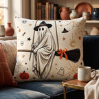 Horror Spacez Halloween Vintage Hanging Ghost Throw Pillow, Ghost in Witch Hat Riding Broom