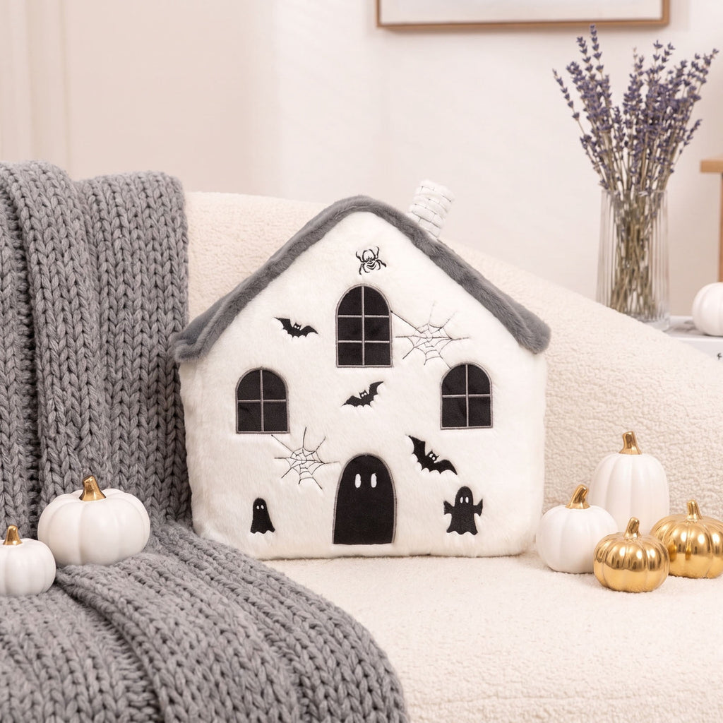 Horror Spacez Halloween Vintage Hanging Ghost Throw Pillow, Ghost in Witch Hat Riding Broom