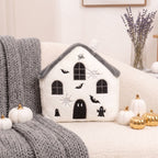Horror Spacez Halloween Vintage Hanging Ghost Throw Pillow, Ghost in Witch Hat Riding Broom