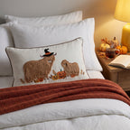 Horror Spacez Halloween Vintage Hanging Ghost Throw Pillow, Ghost in Witch Hat Riding Broom