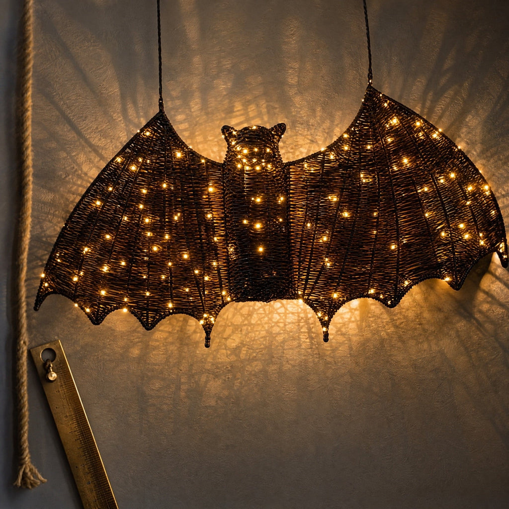 Halloween Light-Up Hanging Bat Decoration, 14" Wicker Hand-Made Woven Bat Decor, LED Realistic Black Hanging Flying Bat, Halloween Decor Gift for Indoor Outdoor Home Wall Mantel