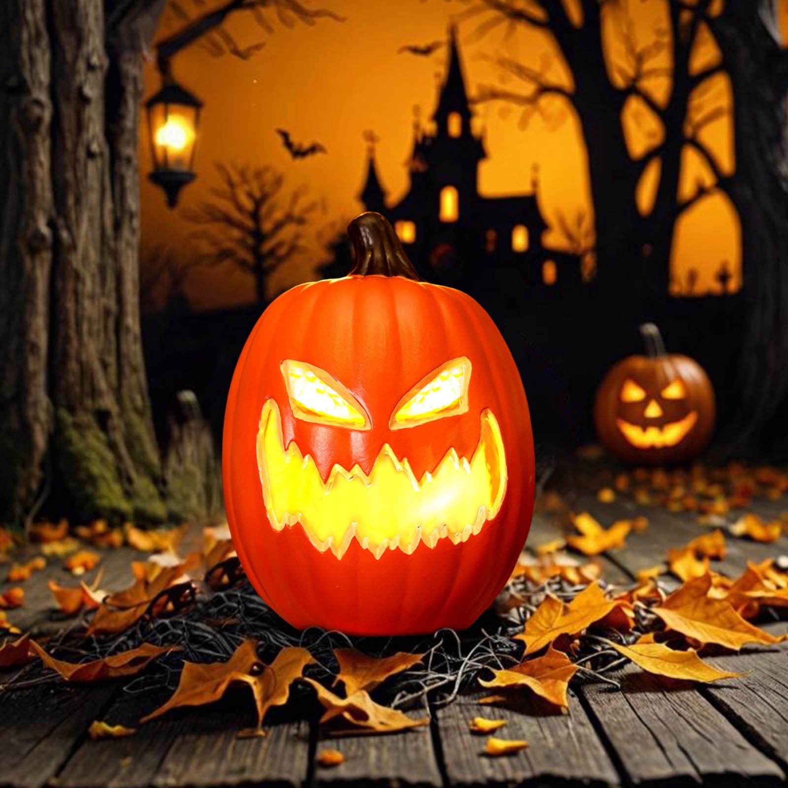 Halloween Oblong Jack O Lantern Pumpkin, Evil Eye Jack O Lantern LED Light Fanged Blow Molded Pumpkin Figurine for Covered Porch Yard Indoor Gothic Party Home Decor