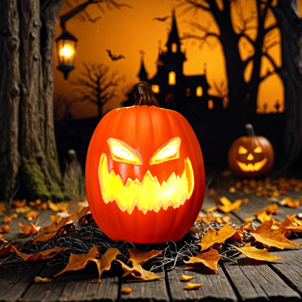Halloween Oblong Jack O Lantern Pumpkin, Evil Eye Jack O Lantern LED Light Fanged Blow Molded Pumpkin Figurine for Covered Porch Yard Indoor Gothic Party Home Decor