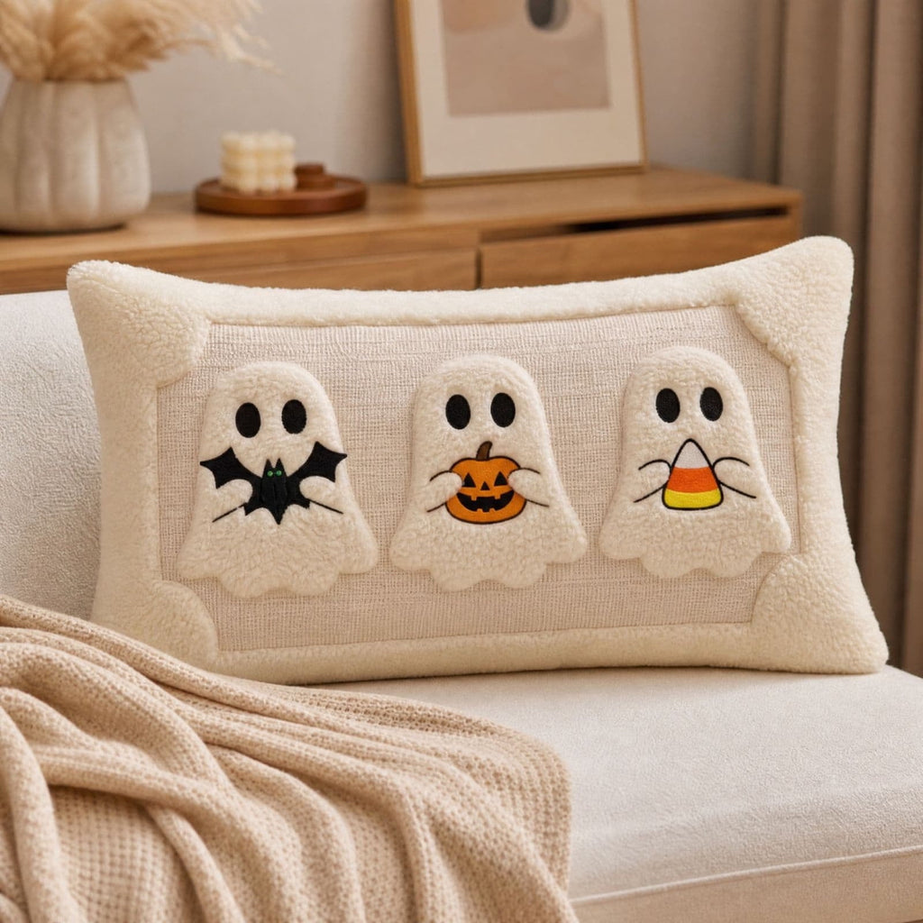 Horror Spacez Halloween Vintage Hanging Ghost Throw Pillow, Ghost in Witch Hat Riding Broom