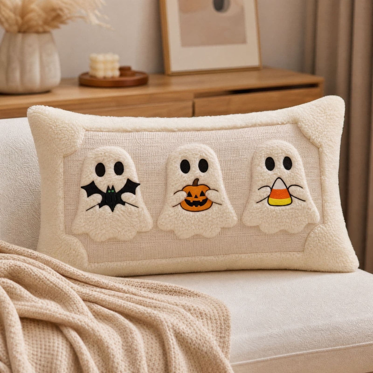 Horror Spacez Halloween Vintage Hanging Ghost Throw Pillow, Ghost in Witch Hat Riding Broom