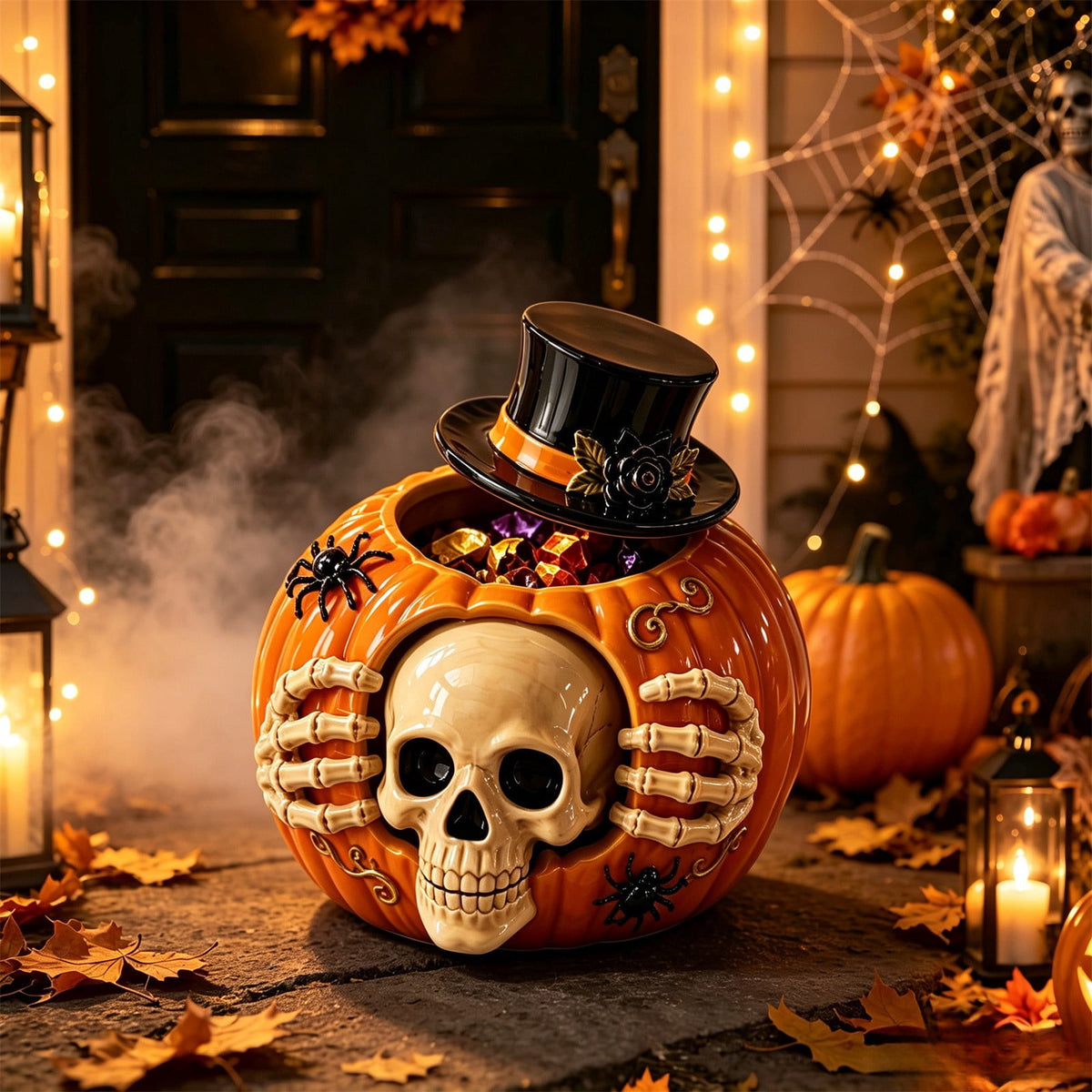 Horror Spacez Halloween Pumpkin Head Figurine with Lighted Handheld Pumpkin Lantern - Vintage Witch