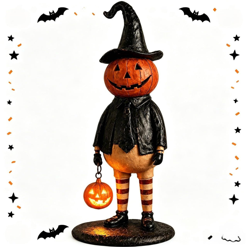 Halloween Pumpkin Head Figurine with Lighted Handheld Pumpkin Lantern - Vintage Witch Gentleman Tabletop Decor, Light Up O' Lantern Statue for Home Mantel Shelf Fall Decor
