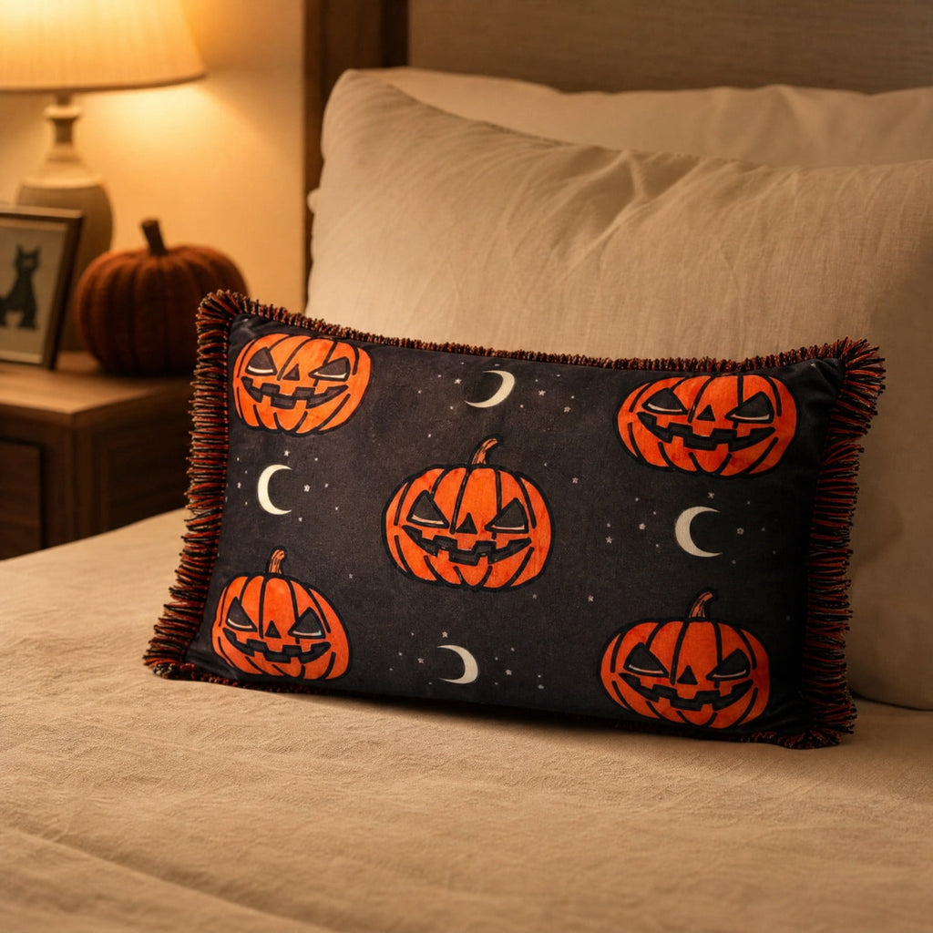 Horror Spacez Halloween Vintage Hanging Ghost Throw Pillow, Ghost in Witch Hat Riding Broom