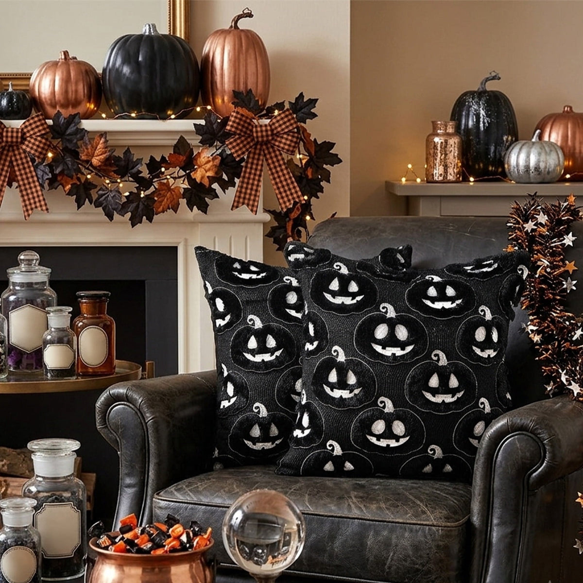 Horror Spacez Halloween Vintage Hanging Ghost Throw Pillow, Ghost in Witch Hat Riding Broom