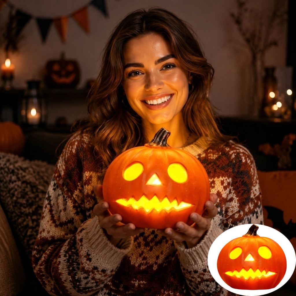 Horror Spacez Halloween Oblong Jack O Lantern Pumpkin, Evil Eye Jack O Lantern LED Light Fanged