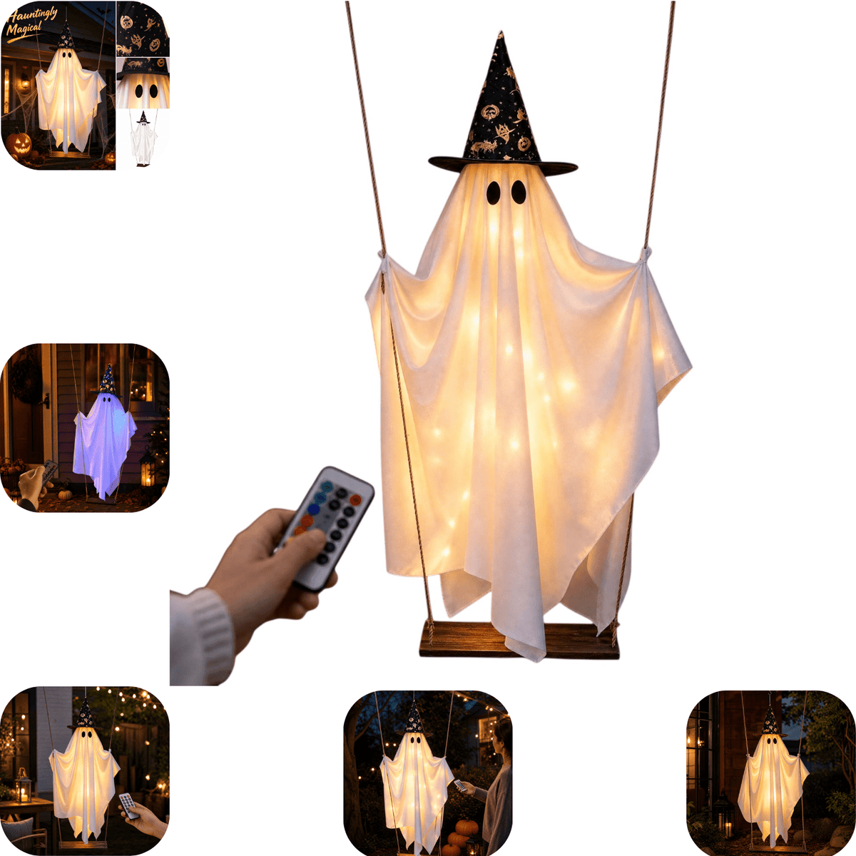 Horror Spacez Witch Hat Ghost Pendant Light, Warm LED Hanging Ghost Ornament, Vintage Style