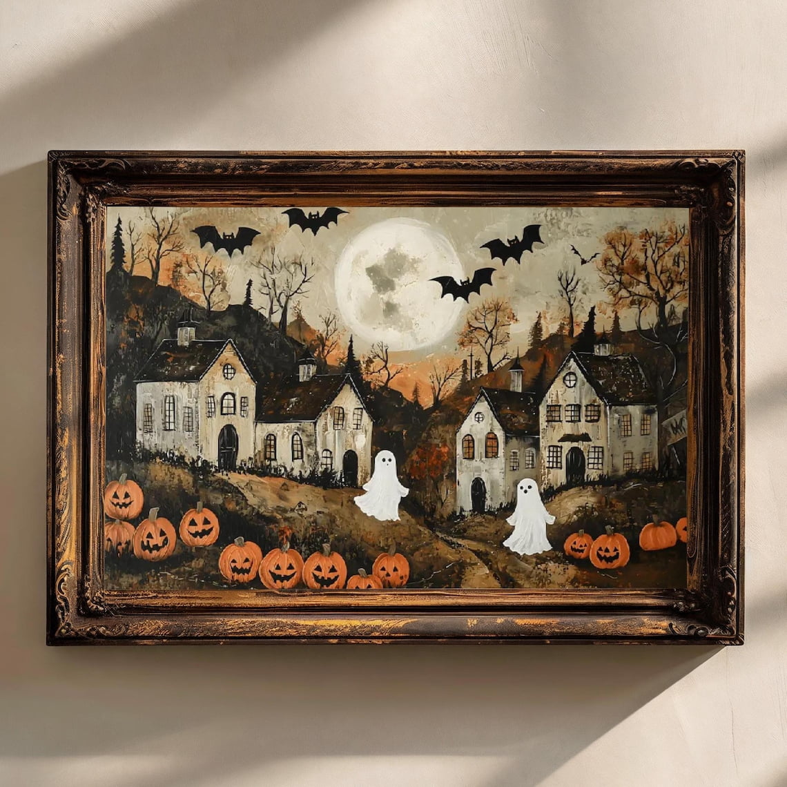 Halloween To-wn Wall Art Canvas Artwork Wall Decor Halloween Ghost Pumpkin Vintage Prints Painting Art Prints Picture Home Halloween Bedroom Decoration No Frame
