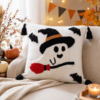 Horror Spacez Halloween Vintage Hanging Ghost Throw Pillow, Ghost in Witch Hat Riding Broom