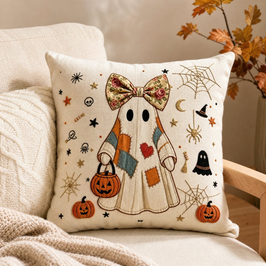 Horror Spacez Halloween Vintage Hanging Ghost Throw Pillow, Ghost in Witch Hat Riding Broom
