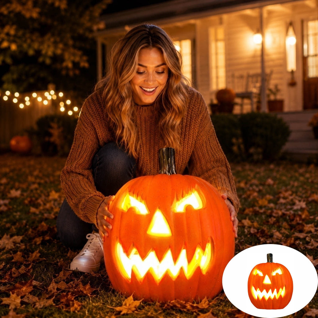 Horror Spacez Halloween Oblong Jack O Lantern Pumpkin, Evil Eye Jack O Lantern LED Light Fanged