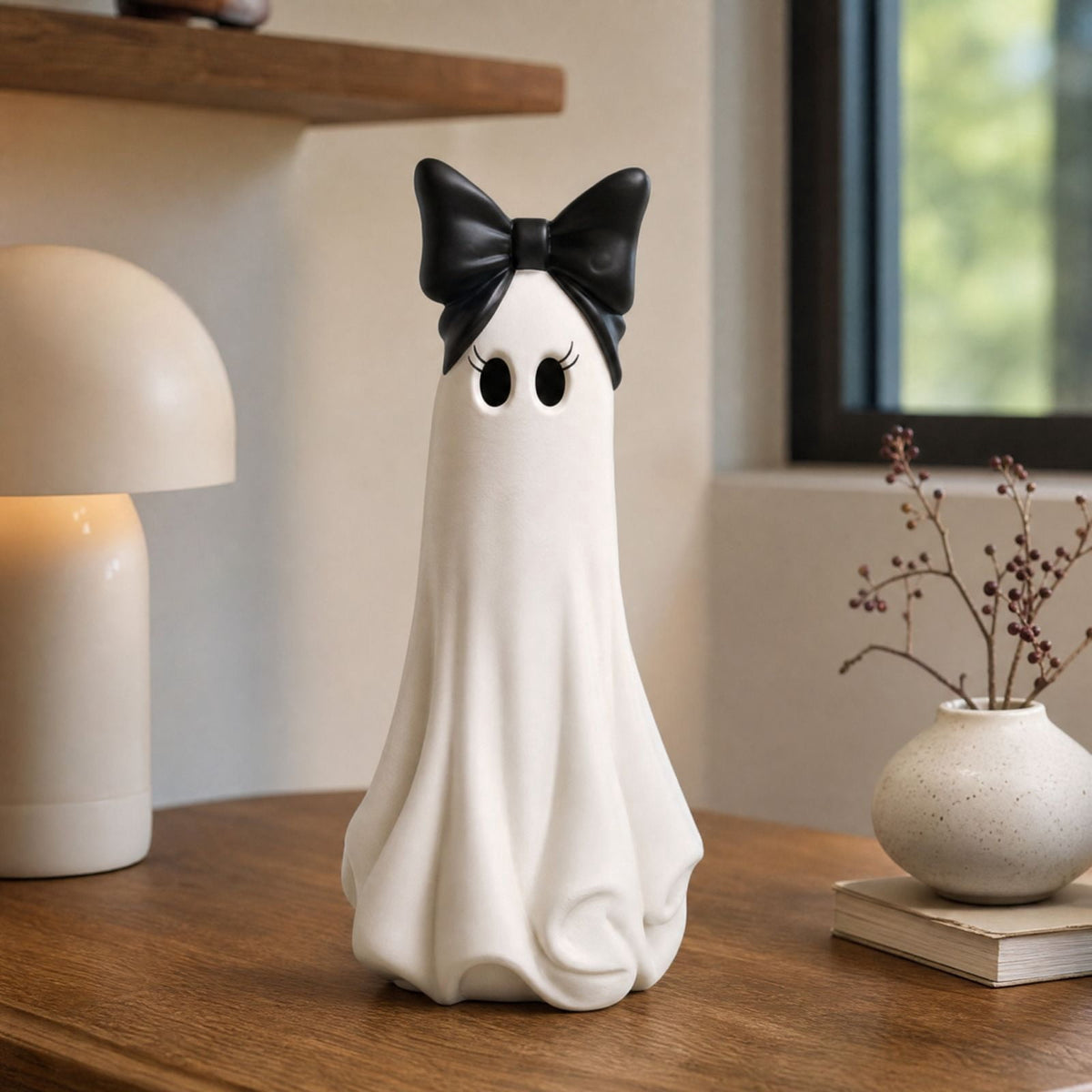 Horror Spacez Large Ghost with Bow Tabletop Decoration, Halloween Ghost Figurine, Spooky 3D Print