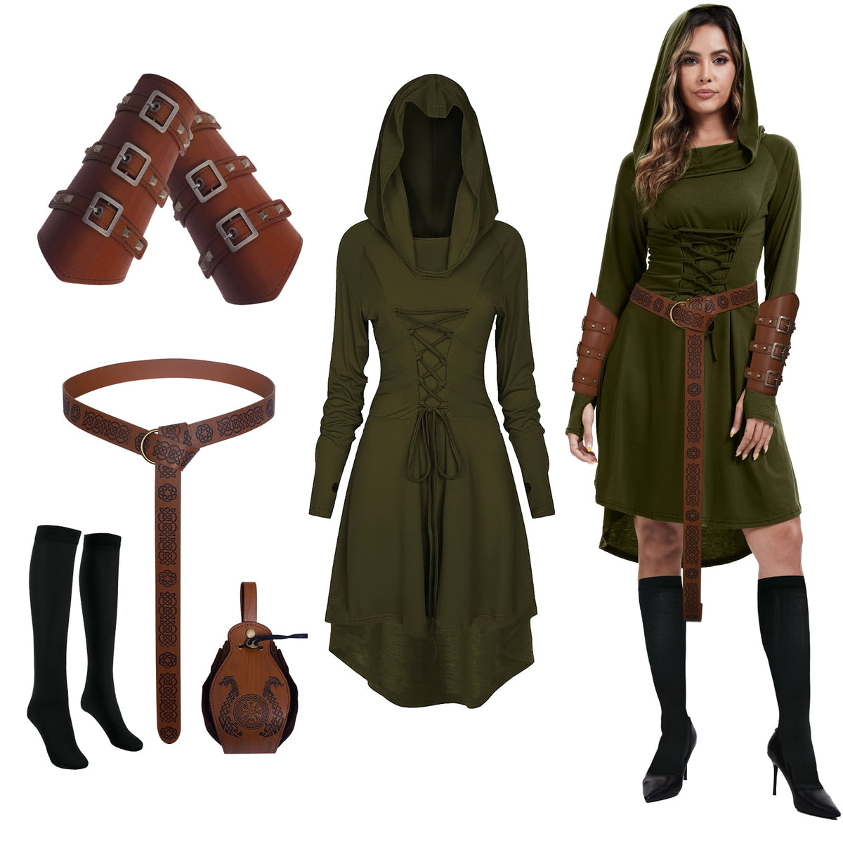 MYATED 5 Pcs Womens Renaissance Costumes Medieval Vintage Hooded Dress, Gothic Costume Fairy Dress Suitable for Halloween Cosplay (Green,M)