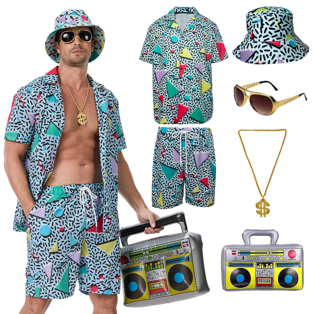 MYATED 80s 90s Outfit for Men Tracksuit Costume,,6 Pieces Hip-Hop Costume Vintage Beach Outfit for Halloween Disco Retro Theme Party (Green,L)