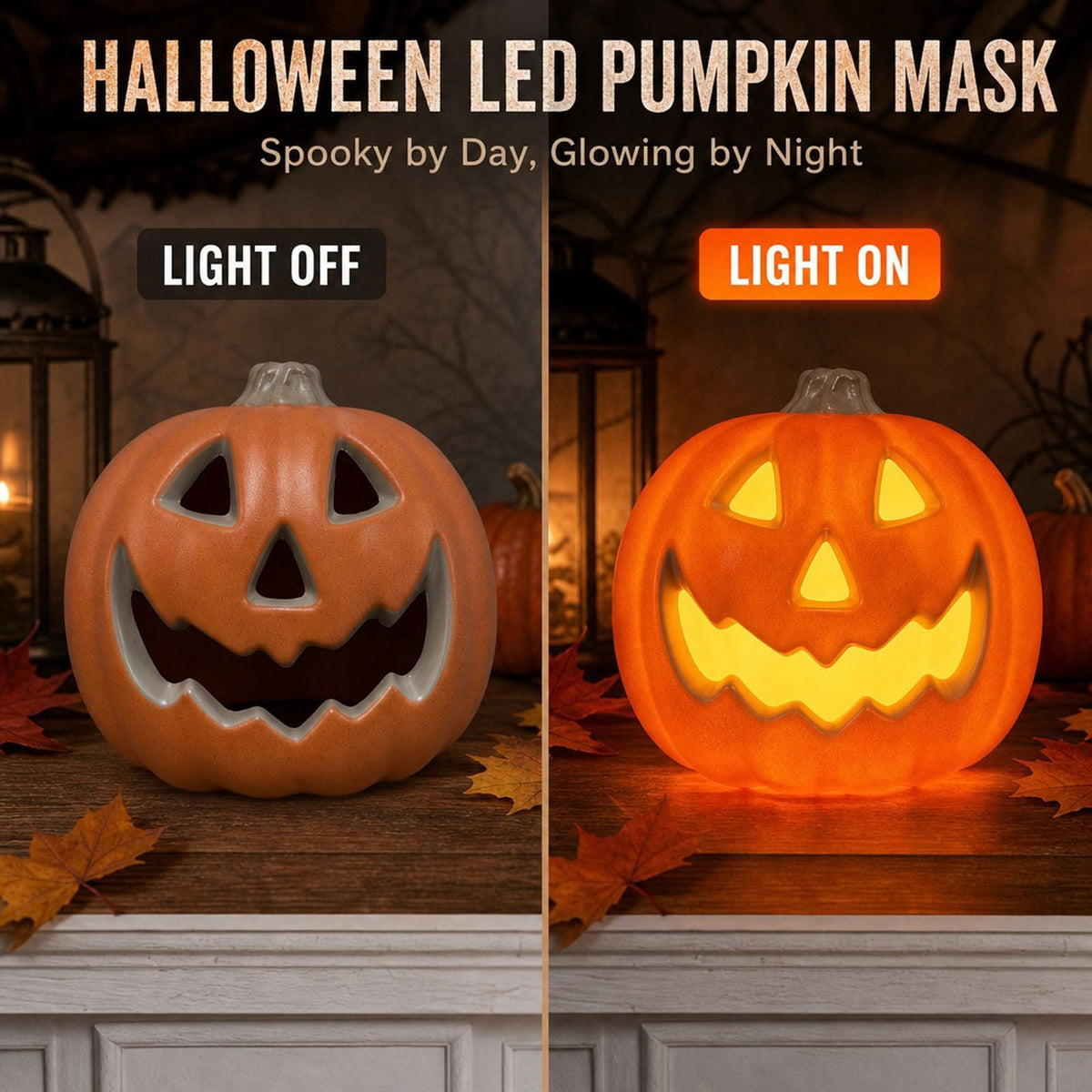Horror Spacez Halloween Oblong Jack O Lantern Pumpkin, Evil Eye Jack O Lantern LED Light Fanged