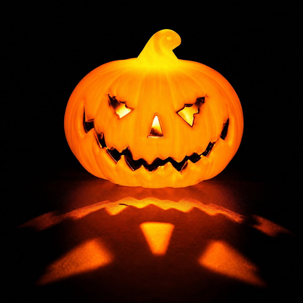 Horror Spacez Halloween Oblong Jack O Lantern Pumpkin, Evil Eye Jack O Lantern LED Light Fanged