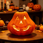 Horror Spacez Halloween Oblong Jack O Lantern Pumpkin, Evil Eye Jack O Lantern LED Light Fanged