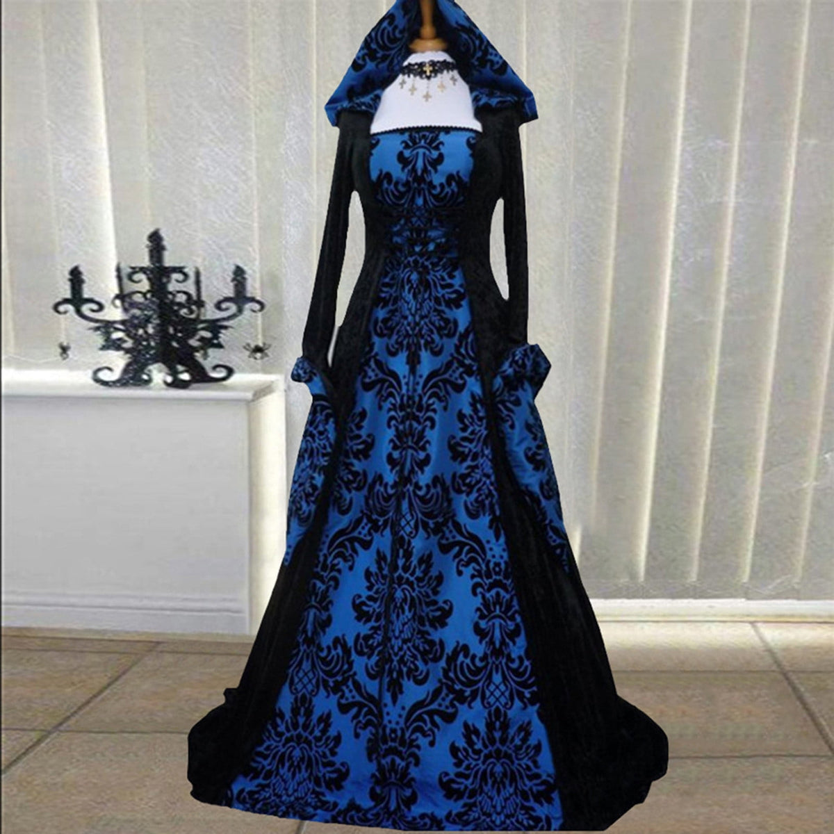 Horror Spacez Renaissance Dress Women with Hood Peasant Gothic Witch Dress Ball Gown Vintage