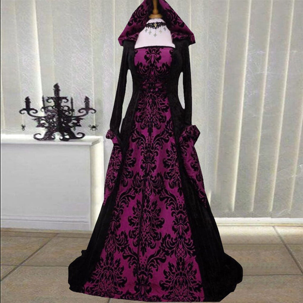 Horror Spacez Renaissance Dress Women with Hood Peasant Gothic Witch Dress Ball Gown Vintage