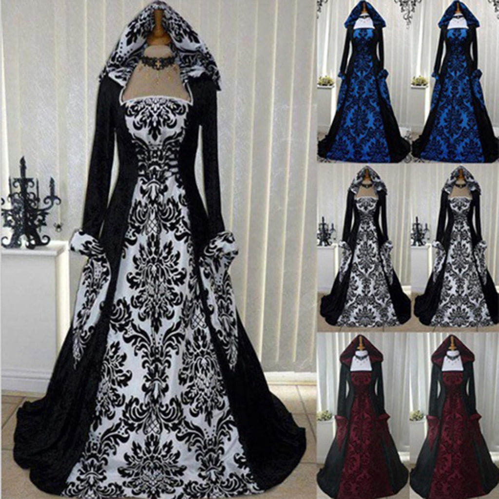 Horror Spacez Renaissance Dress Women with Hood Peasant Gothic Witch Dress Ball Gown Vintage