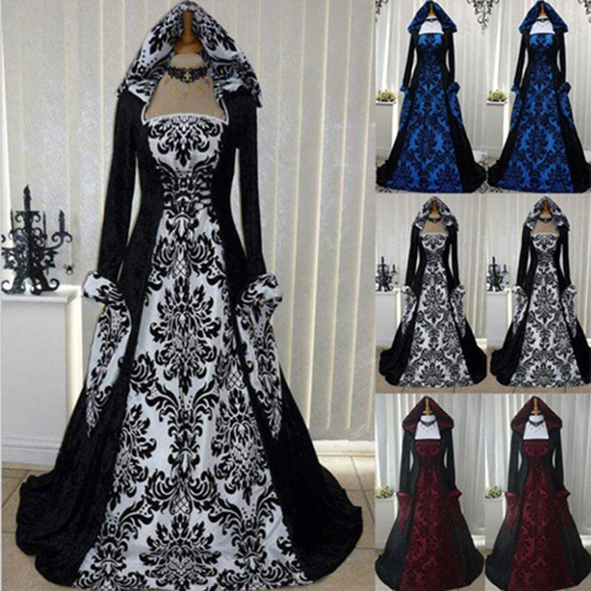Horror Spacez Renaissance Dress Women with Hood Peasant Gothic Witch Dress Ball Gown Vintage