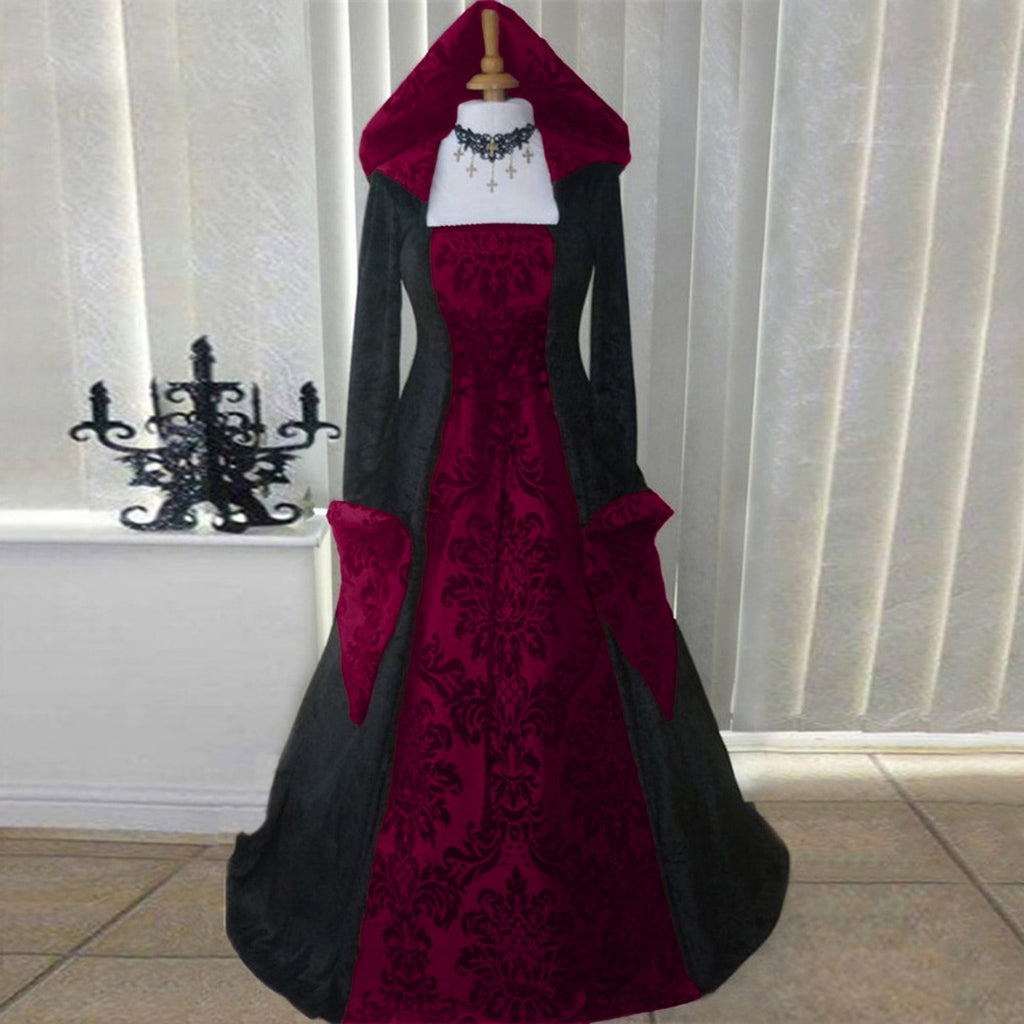 Renaissance Dress Women with Hood Peasant Gothic Witch Dress Ball Gown Vintage Victorian Dresses Halloween Costume Red M