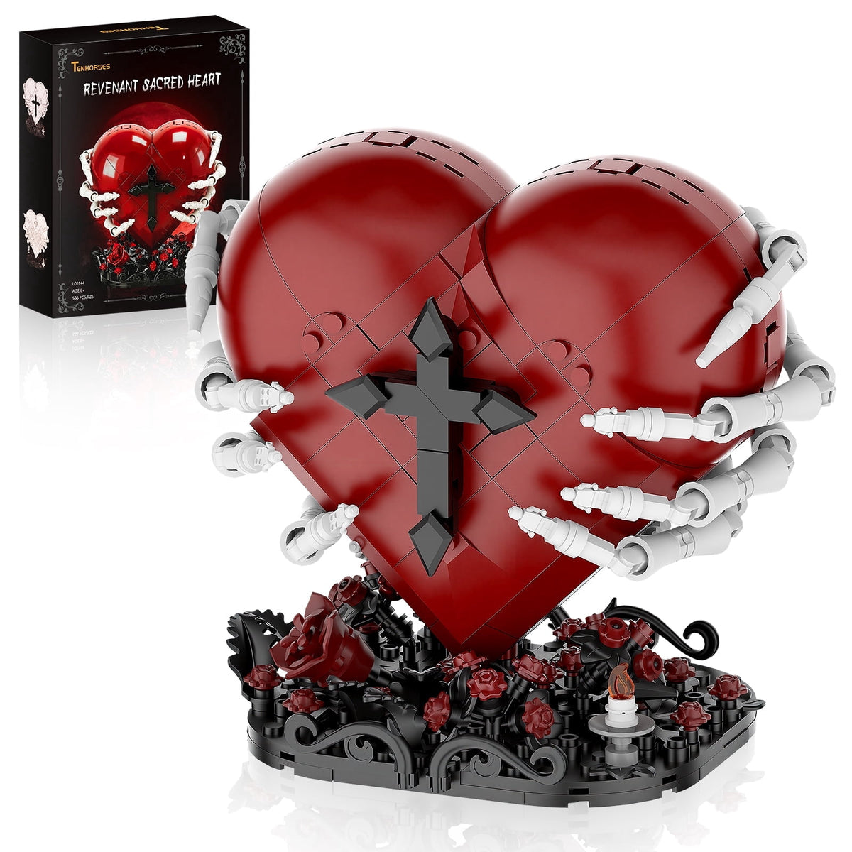Sacred Heart Building Blocks Set - Gothic Red Heart Model, Dark Art Romantic Gift for Adults, Spooky Home Decor with Rose Base, 566Pcs