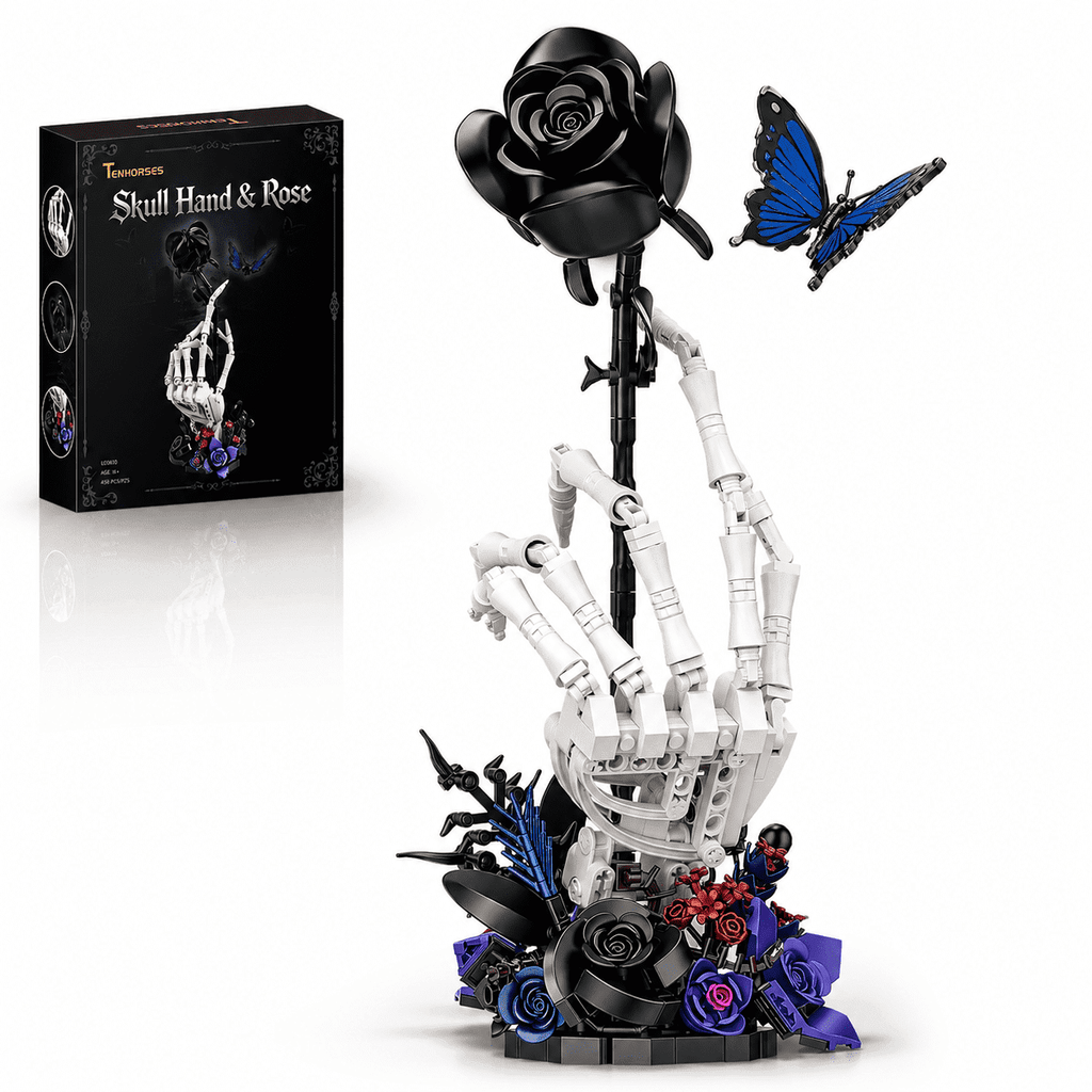 Skeleton Hand with Black Rose Building Set, 2-in-1 Movable Gothic Skull Flower Building Kit, 453Pcs Dark Tabletop Decor, Halloween Gift for Adults